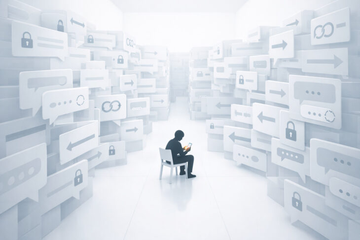 真っ白できれいな空間でAIチャットボットの吹き出し迷路で孤独に悩む人