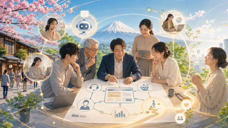 桜の美しい季節の日本で老若男女が楽しく協力して社会に良い価値提供をしている図。背後に青空と富士山が見える